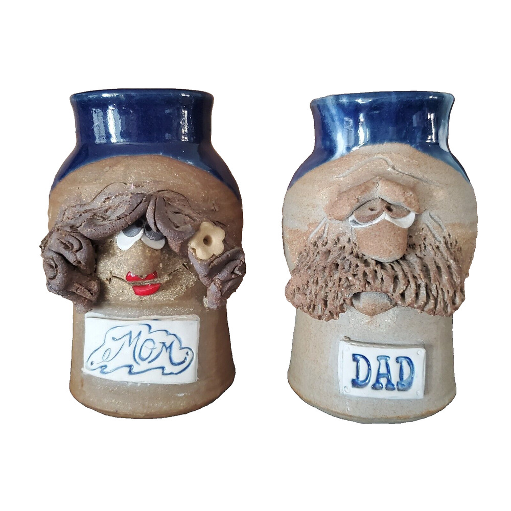 Vintage 80s Ugly Funny Face Mug Folk Art Handmade 3D Stoneware MOM & DAD 6" Gift